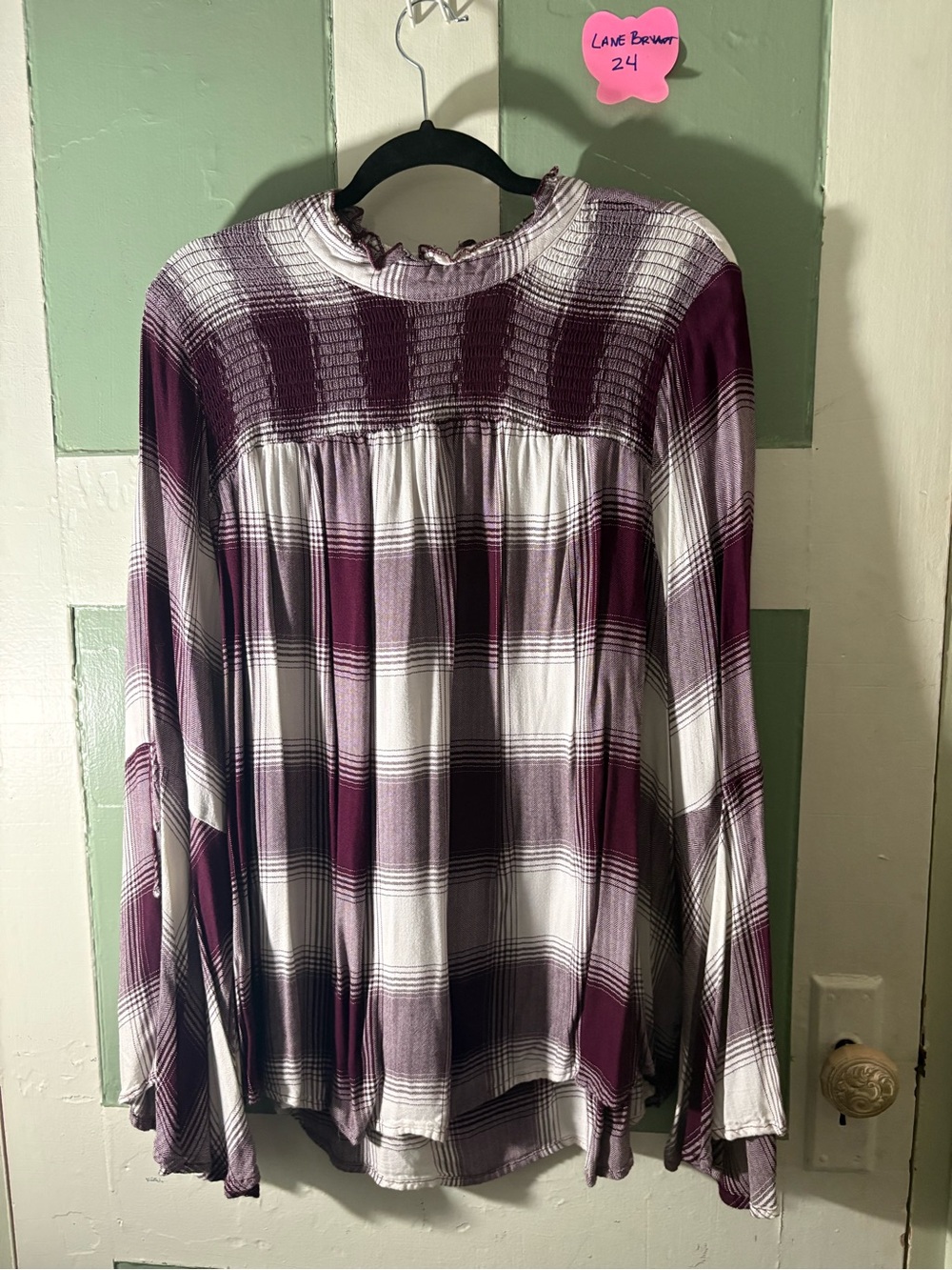 Lane Bryant Burgundy and White Plaid Smocked Yoke Long Bell Sleeve Top